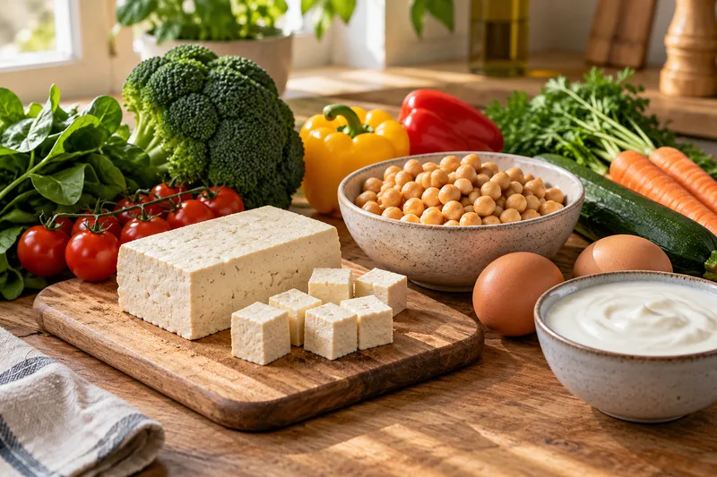 Tofu, kikkererwten, eieren en yoghurt op een keukentafel