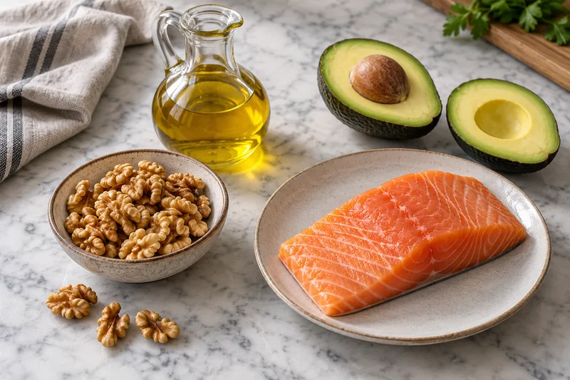 Olijfolie, walnoten, avocado en een stuk zalm op een werkblad