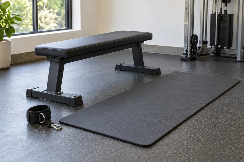 Een lage trainingsbank naast een fitnessmat in de sportschool