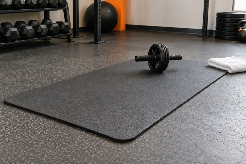 Een fitnessmat met een ab wheel op de vloer