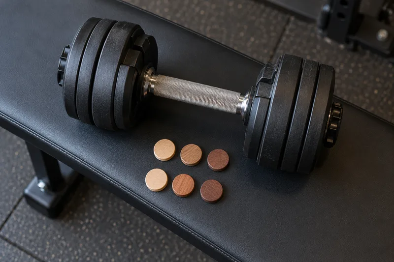 Een losse dumbbell naast twee rijen blanco fiches op een bank
