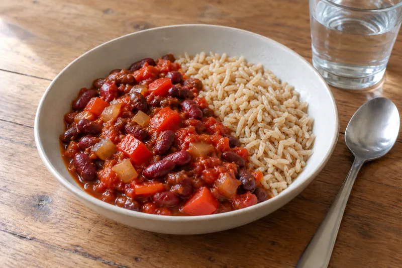 Bonenchili met paprika en rijst in een kom op tafel