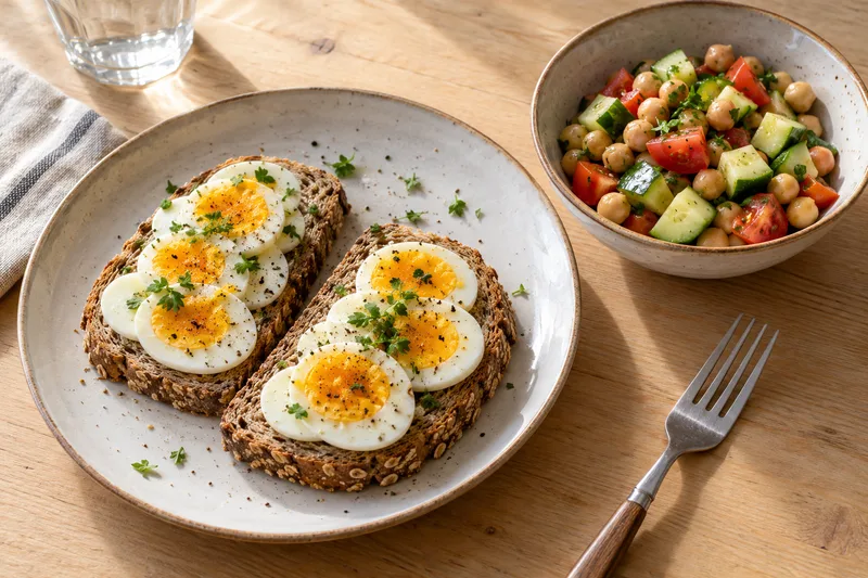 Bruinbrood met ei en een salade met kikkererwten op een eettafel