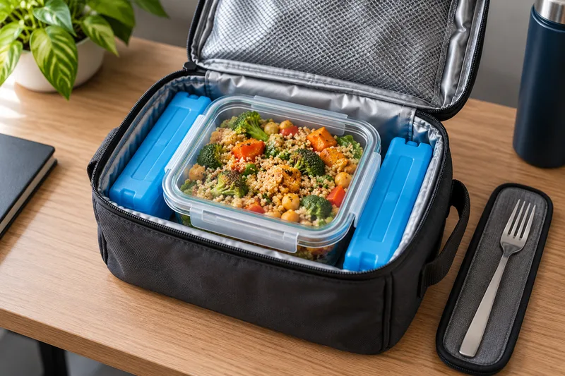 Een gesloten lunchbox met koelelementen in een open koeltas