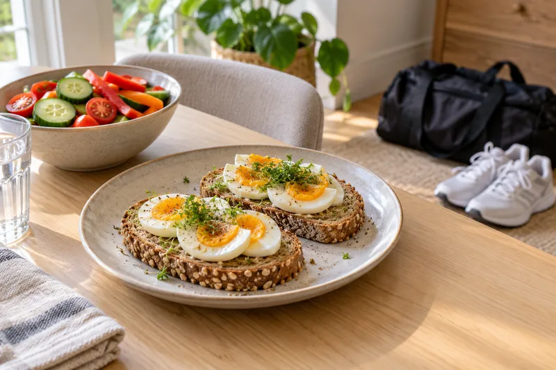 Brood met ei en een schaal rauwkost op tafel, met een sporttas en sportschoenen op de vloer
