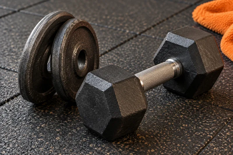 Twee gewichtsschijven en een dumbbell op een rubberen sportvloer