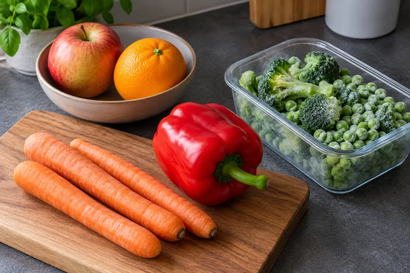 Een appel, wortels, paprika en diepvriesgroente in een keuken