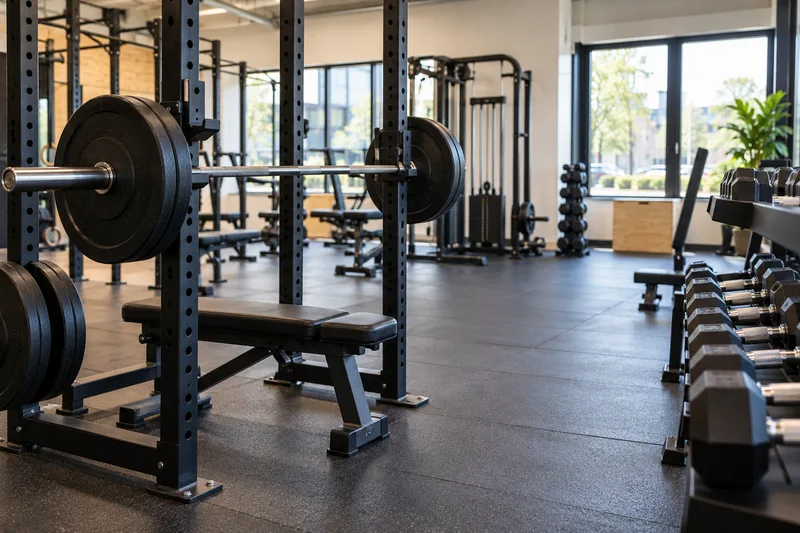 Een halterrek met grote schijven naast een rek met verschillende dumbbells