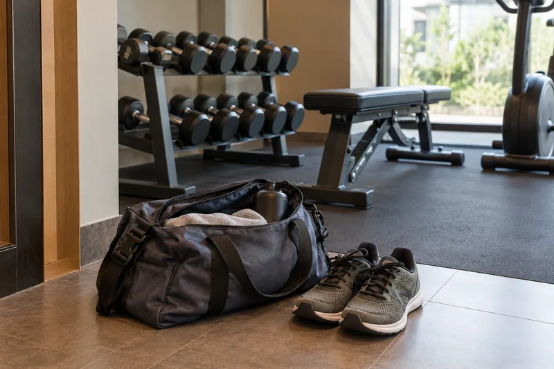 Een open sporttas en sportschoenen bij een trainingsbank en dumbbellrek