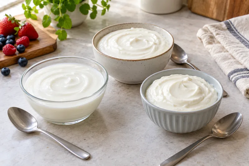 Drie schaaltjes gladde naturel zuivel met lepels ernaast