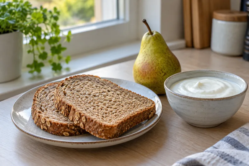 Twee boterhammen, een kom yoghurt en een peer op een keukentafel