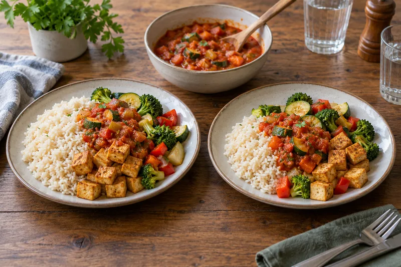 Twee borden met rijst, tofu en groente, met meer rijst op het linkerbord