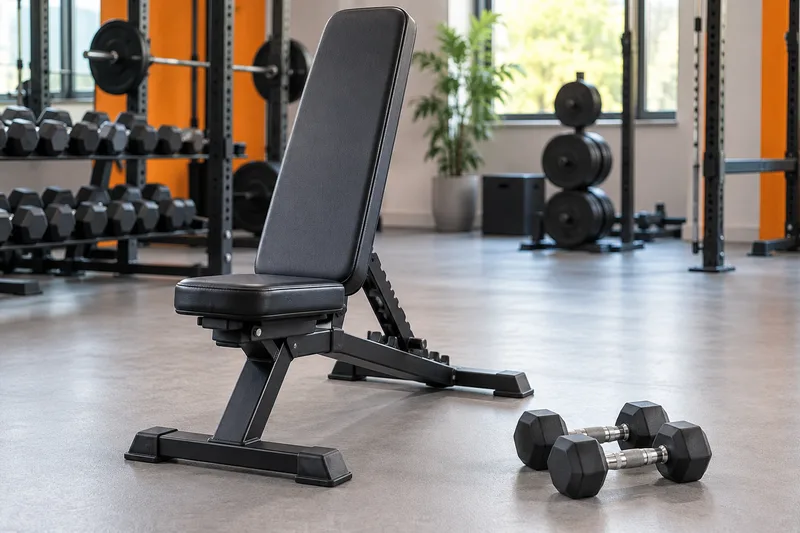Een verstelbare trainingsbank met een paar dumbbells op de vloer
