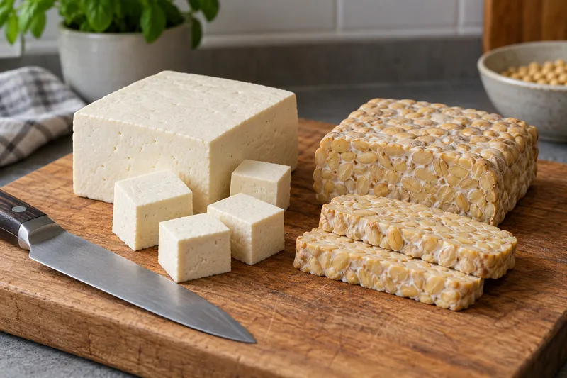 Een blok tofu en een blok tempé op een houten snijplank