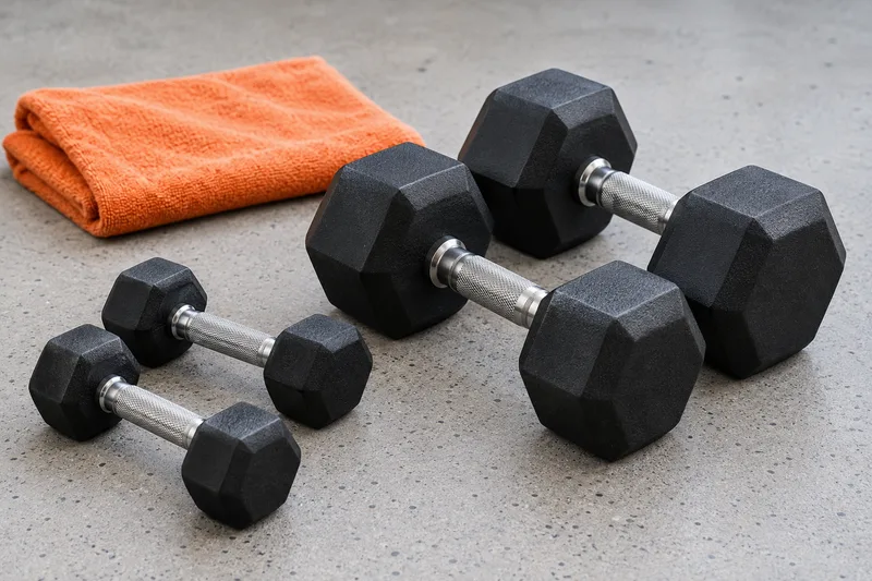 Twee kleinere dumbbells naast een groter dumbbellpaar