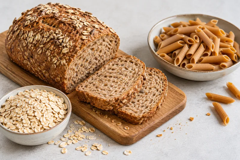 Brood, havermout en pasta op een keukentafel