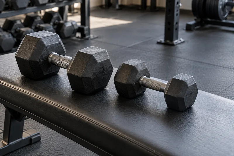 Twee dumbbells van verschillende afmetingen op een lage sportbank
