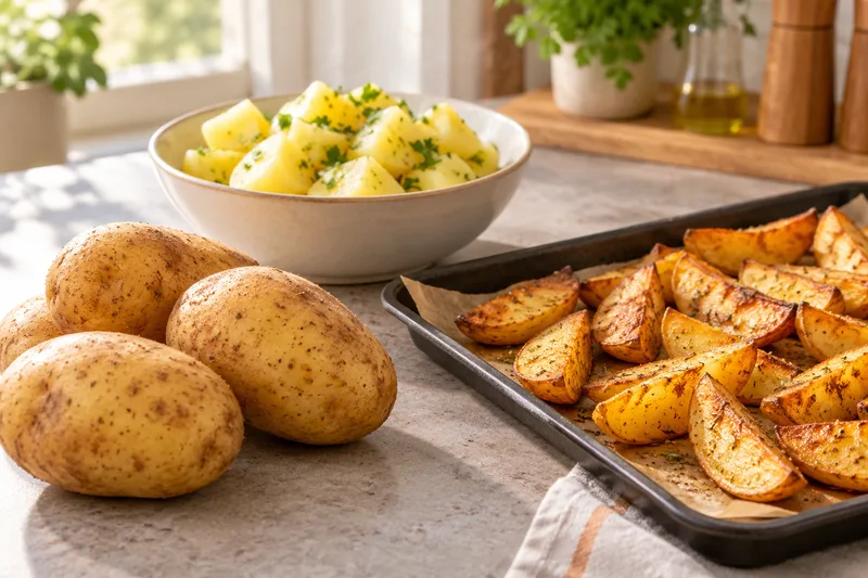 Hele aardappelen, gekookte stukken en aardappelpartjes uit de oven