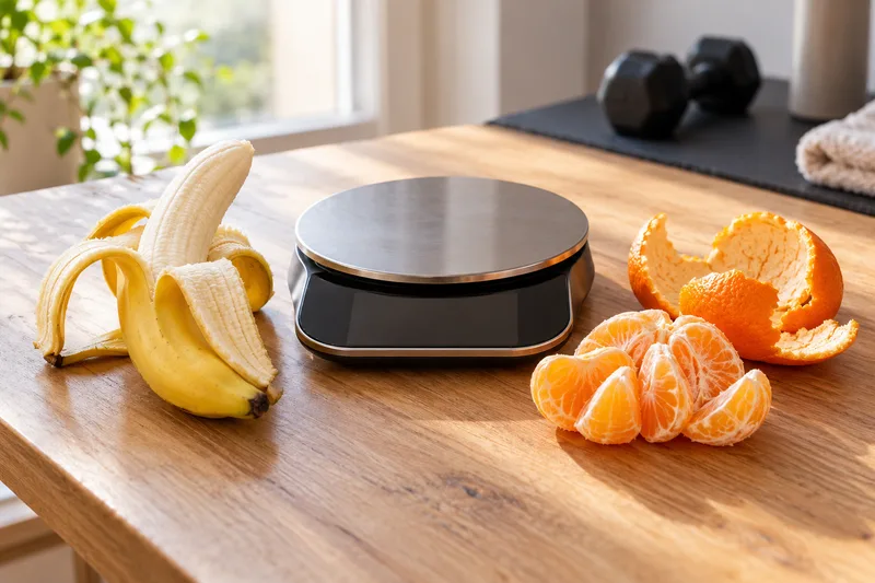 Een gepelde banaan en sinaasappelpartjes naast de schillen en een keukenweegschaal