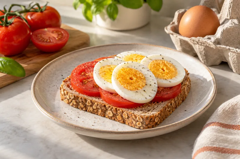 Een hardgekookt ei op volkorenbrood met tomaat en twee eieren ernaast