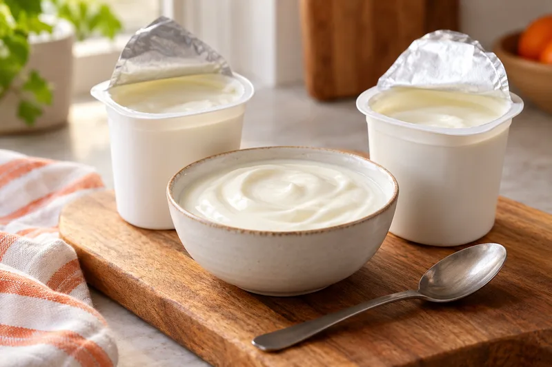 Twee bekers yoghurt met een schaaltje en een lepel