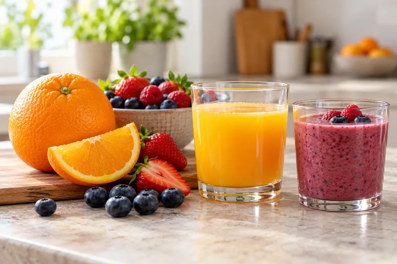 Een sinaasappel, een glas sap en een smoothie met vers fruit ernaast