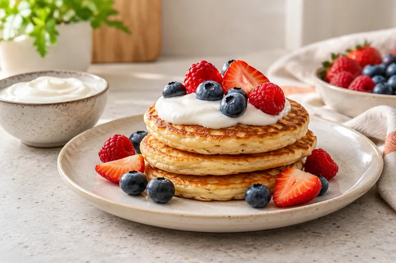 Drie kleine pannenkoeken met kwark en bessen