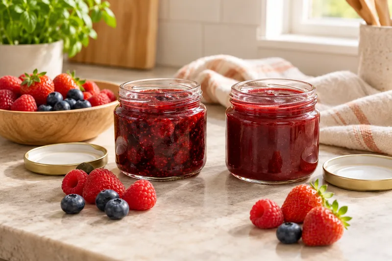 Twee geopende potjes fruitbeleg met aardbeien ernaast