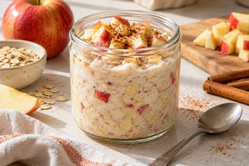 Geweekte havermout met yoghurt, appel en kaneel in een glazen pot