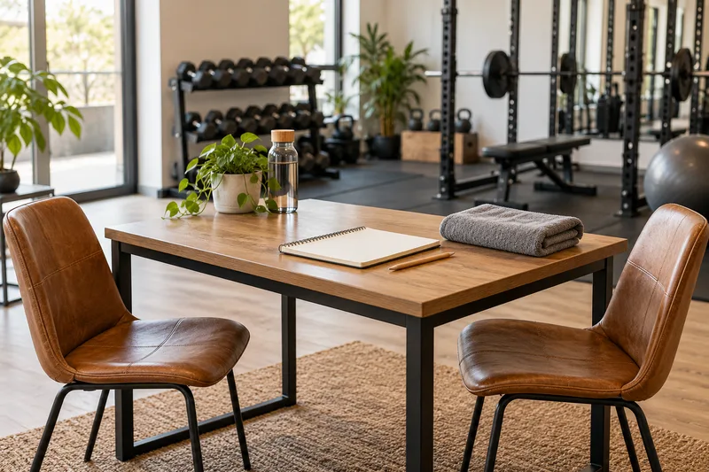 Twee stoelen bij een tafel met een afsprakenboek in een sportschool