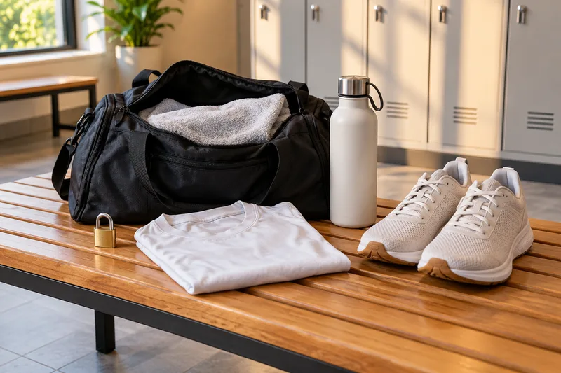 Een open sporttas met handdoek, drinkfles en sportschoenen naast een shirt