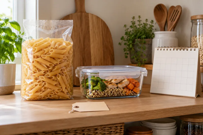 Een zak droge pasta en een afgesloten koelbakje met een blanco kaartje
