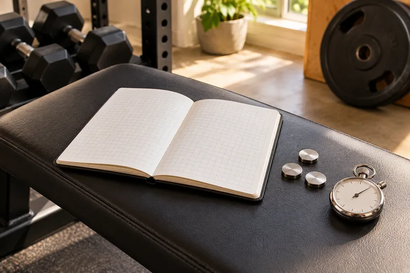 Een open trainingsschrift met een stopwatch en drie metalen fiches