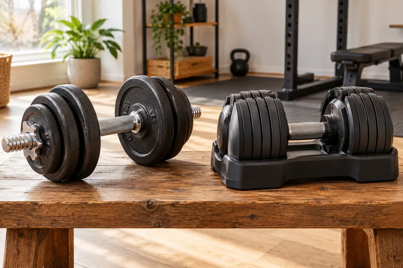 Een verstelbare dumbbell met losse schijven naast een dumbbell met een keuzemechanisme
