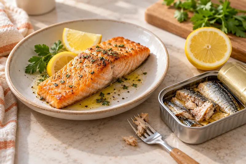 Een gebakken zalmfilet en sardines in een geopend blik met citroen