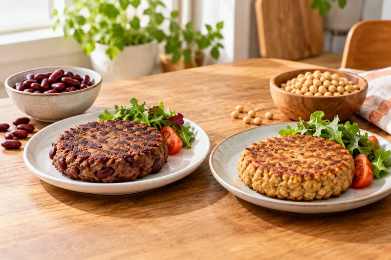 Twee vegetarische burgers met bonen en sojabonen ernaast