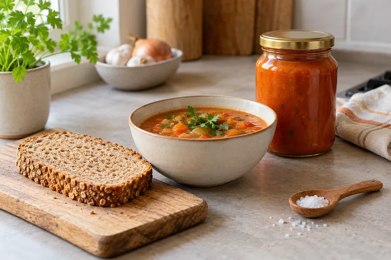 Volkorenbrood, een kom soep en een pot saus op een keukentafel