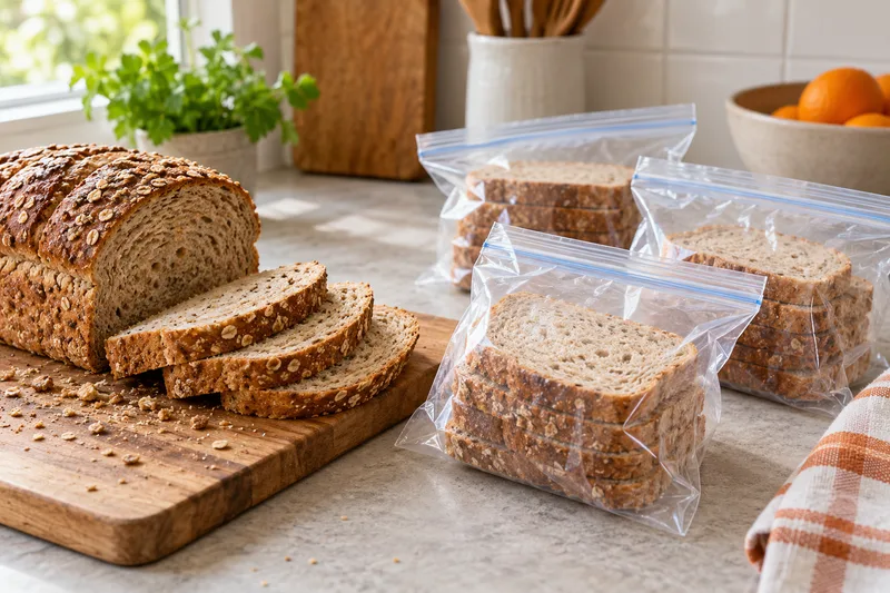 Gesneden brood in kleine diepvrieszakjes naast een brood