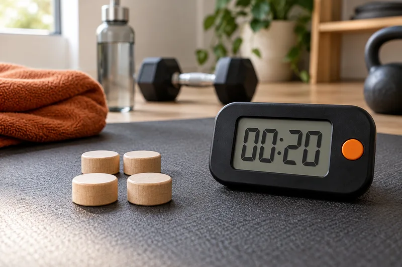 Vier houten tellers naast een intervaltimer