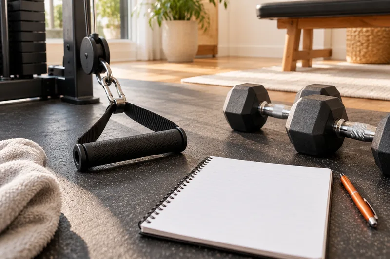 Kabelgreep en dumbbells naast een trainingsblad