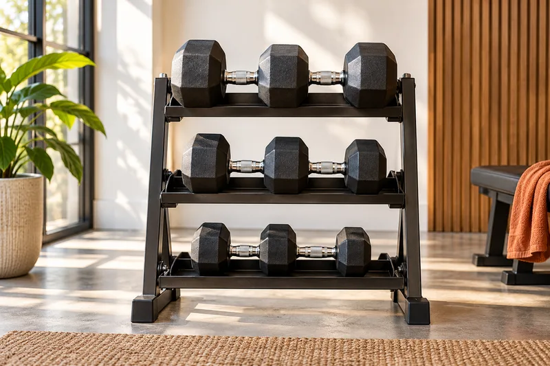Drie paren dumbbells naast elkaar op een rek