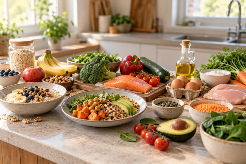 Ingrediënten voor ontbijt, lunch en avondeten op een aanrecht