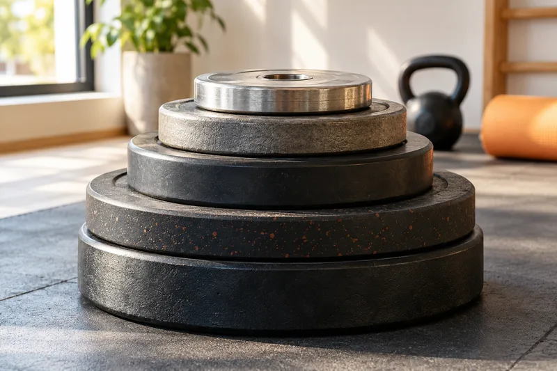 Een stapel metalen en rubberen halterschijven met verschillende diktes