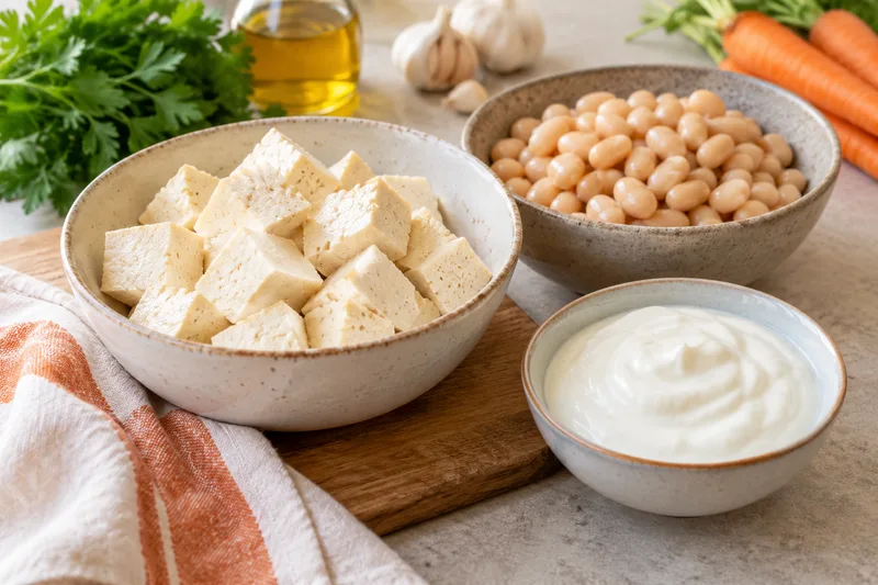 Tofu, bonen en yoghurt in losse schaaltjes op een werkblad