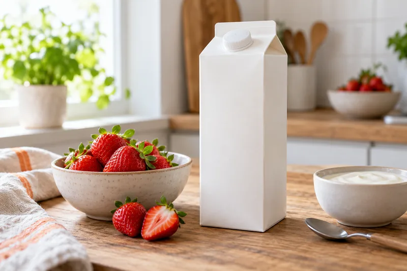 Achterkant van een yoghurtverpakking naast aardbeien