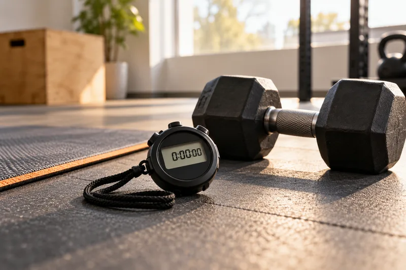 Stopwatch en dumbbell naast een trainingsmat