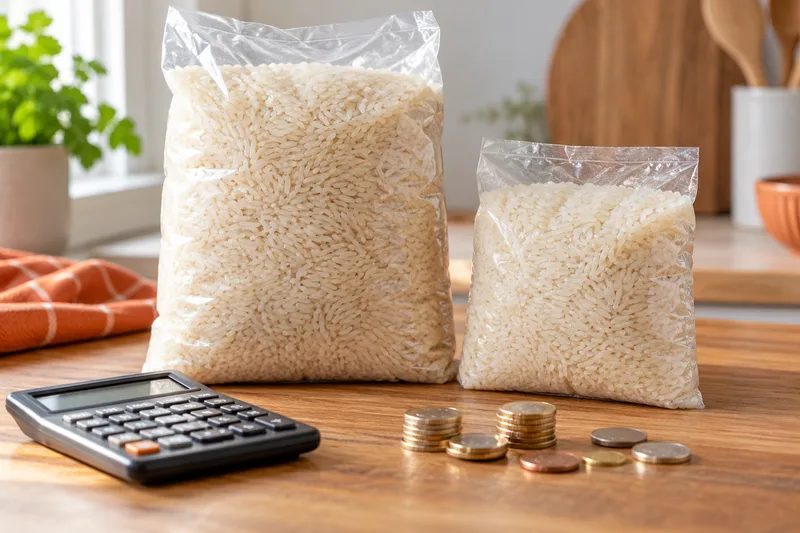 Twee maten rijstverpakkingen met een rekenmachine