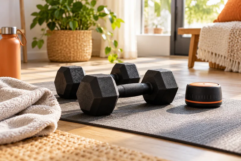 Een paar dumbbells met een intervaltimer op de vloer