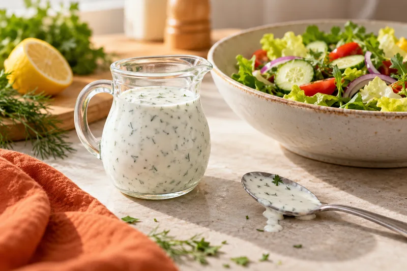 Kannetje yoghurtdressing naast een salade en een lepel