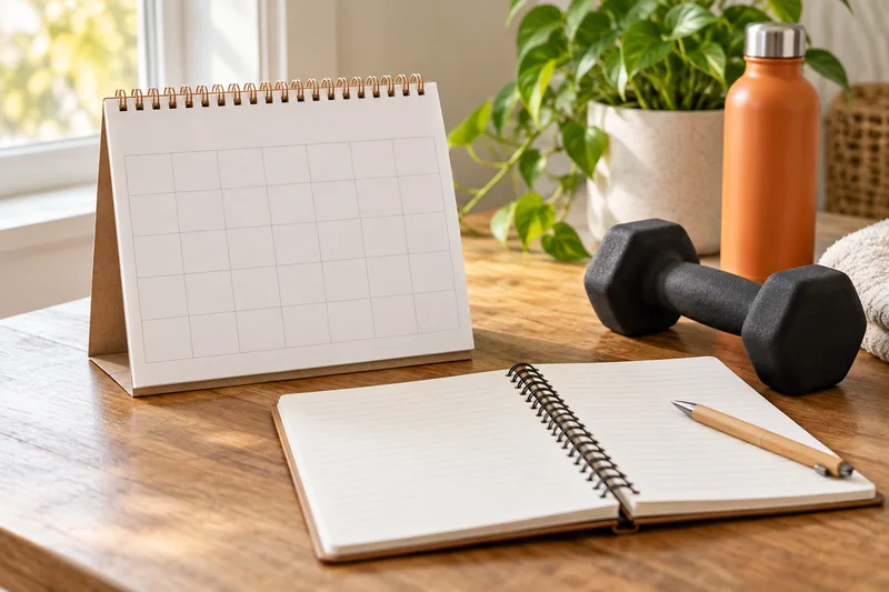 Kalender en trainingsnotitieboek naast een dumbbell